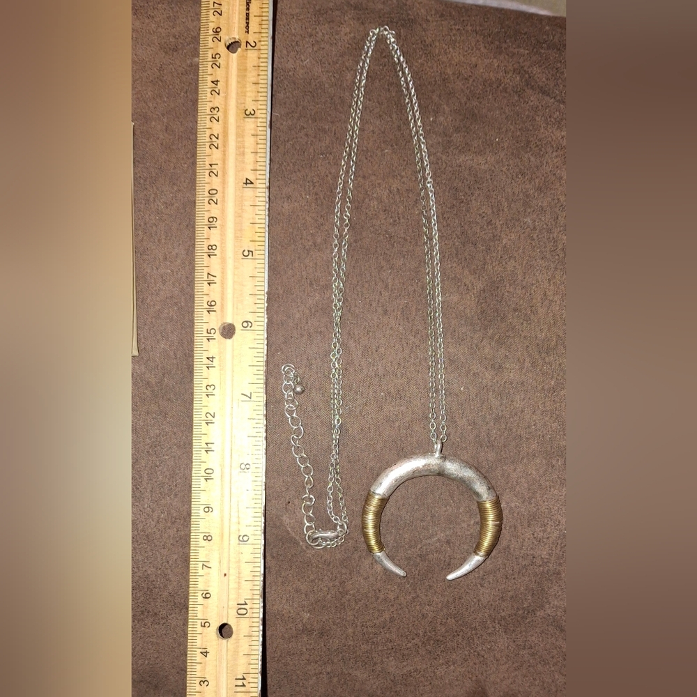Mixed Metal Double Horn Crescent Silvertone Statement Pendant Necklace - Picture 6 of 7
